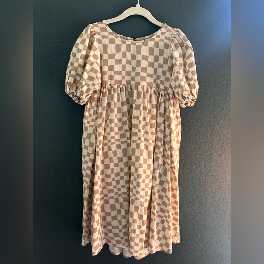 Rylee + Cru Checkered Dress in Tan and Cream